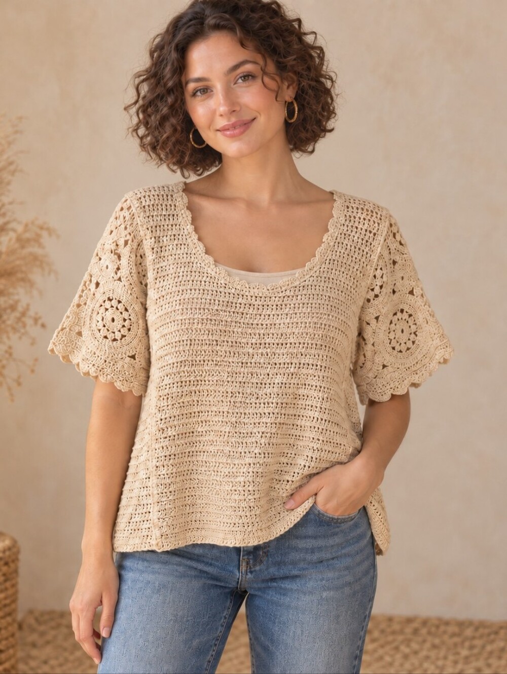 534. Solitarie Crochet Scoop Neck Short Sleeve Top - Beige